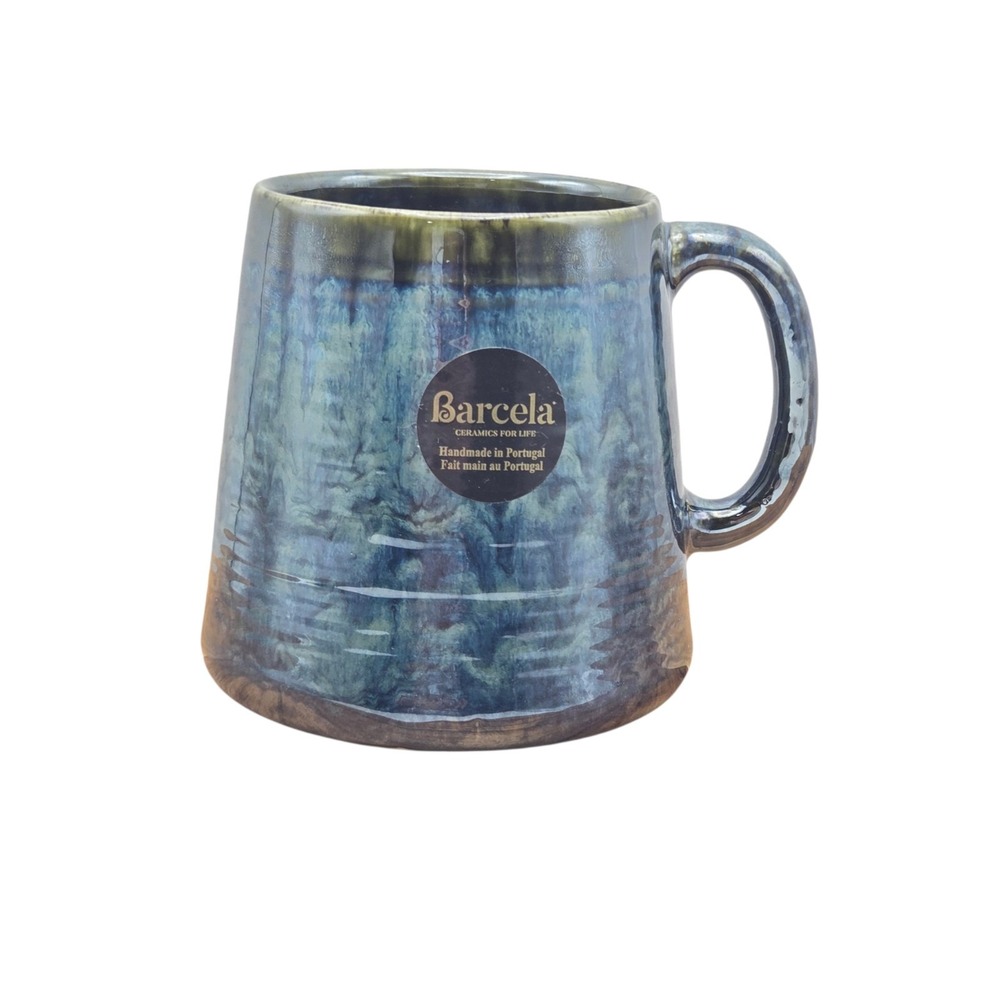 Barcela Handmade Stoneware Coffee Mug Teal Reactive Drip Glaze 16oz Portugal